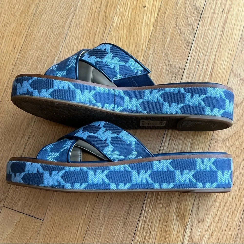 Michael Kors Indira Logo Jacquard Navy Platform Wedge Slide Sandal Size 8.5 - Picture 2 of 5
